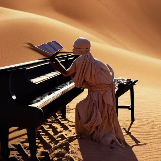 Prompt: UHD candid photo of The Mummy playing piano, with accurate wrappings, UHD, photorealistic, correct sand dune, real piano, photo by Annie Leibowitz