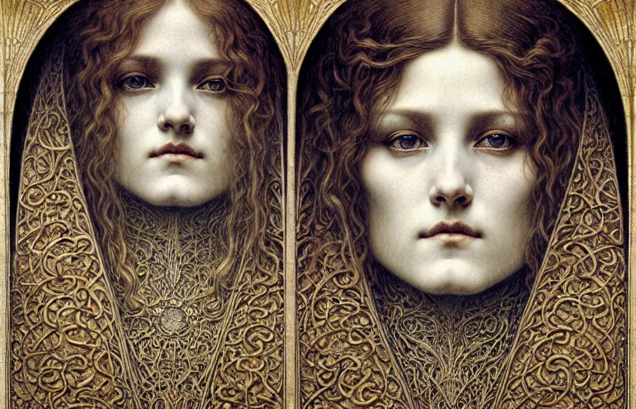 Image similar to detailed realistic beautiful young medieval queen face portrait by jean delville, gustave dore and marco mazzoni, art nouveau, symbolist, visionary, gothic, pre - raphaelite. horizontal symmetry