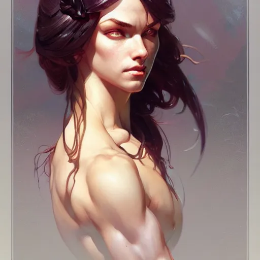 Image similar to , muscular upper body, D&D, fantasy, intricate, elegant, highly detailed, digital painting, artstation, concept art, smooth, sharp focus, illustration, art by artgerm and greg rutkowski and alphonse mucha