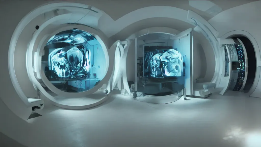 Image similar to an mri image open mri machine portal in the living room, film still from the movie directed by denis villeneuve with art direction by salvador dali, wide lens