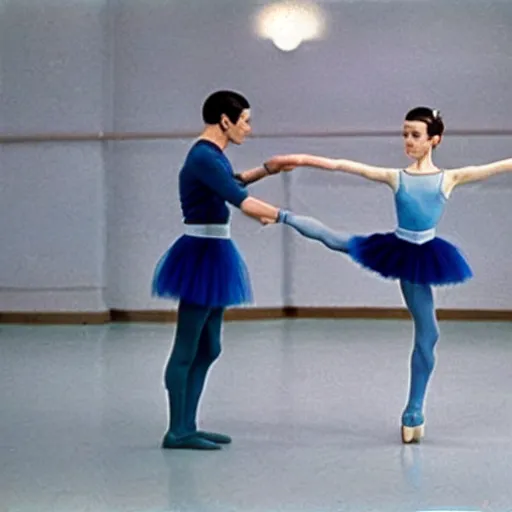 Image similar to mr spock wearing a blue tutu taking ballet lessons from a female klingon ballet teacher