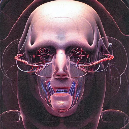 Prompt: biomechanical portrait of man with face connected to machine by Wayne Barlowe