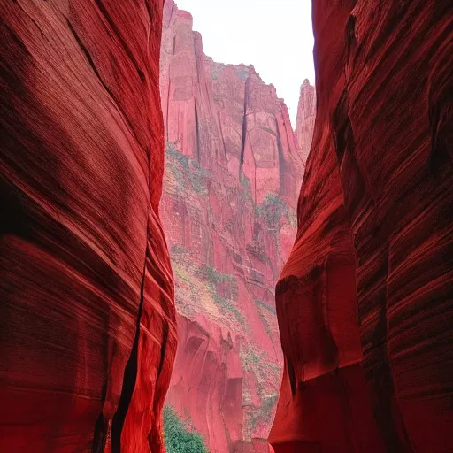 Image similar to a red cathedral in a canyon. overcast sky.