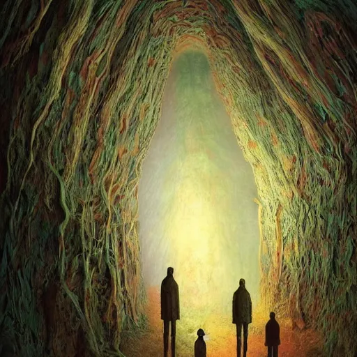 Prompt: painting of a creepy family wearing body armor, intercrossed humans, mixed animal, in a beautiful crystal caverine, by giger, zdzislaw beksinski, frank frazette, cold hue's, amazing colorful background, digital art, concept art, animal painting, beautiful composition 3 - d 4 k,
