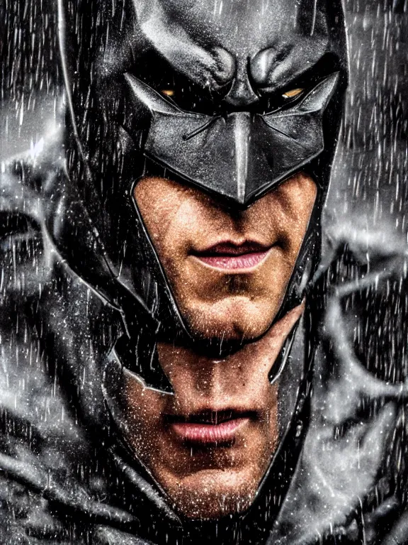 Image similar to film still, ryan reynolds as batman, mask half torn, hyperrealism, moody lighting, rain, intricate, 8 k