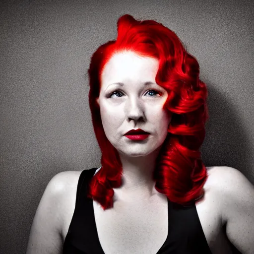 Prompt: a color photo portrait of a woman with red hair in the style of richard avedon, 7 5 mm lens, studio lighting.