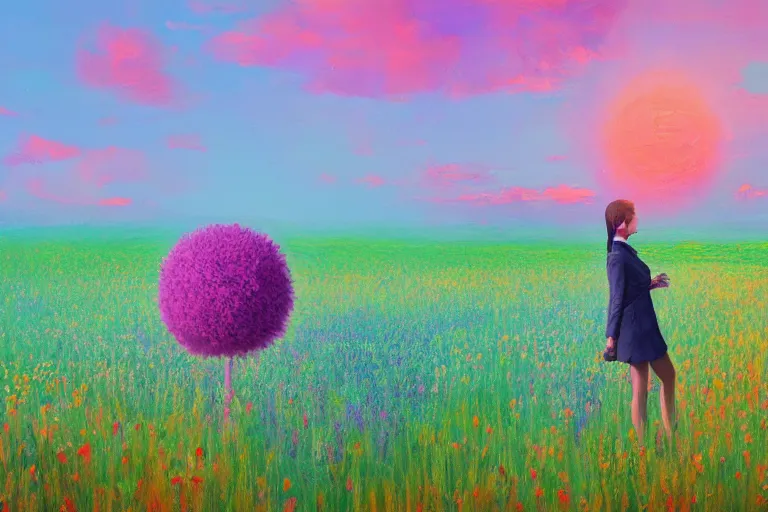 Image similar to closeup, giant flower head, girl in suit walking in field of flowers, surreal photography, sunrise, blue sky, dramatic light, impressionist painting, digital painting, artstation, simon stalenhag