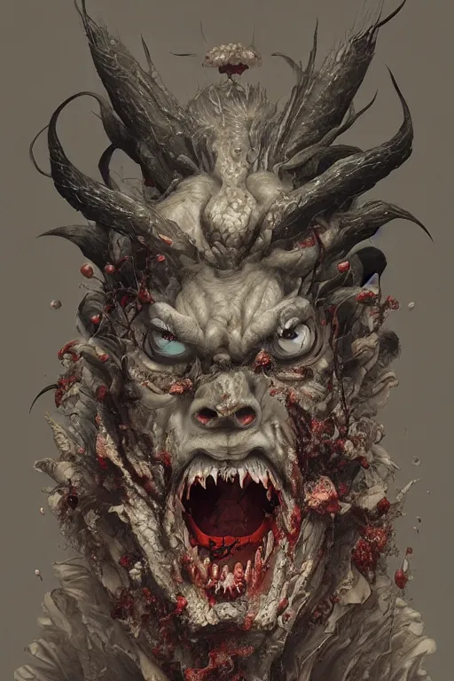 Prompt: a portrait of a zombie japanese devil animal illustrated by miyazaki by karol bak, james jean, tom bagshaw, rococo, sharp focus, trending on artstation, cinematic lighting, hyper realism, octane render, 8 k, hyper detailed, vivid, ultra detailed, highly detailed