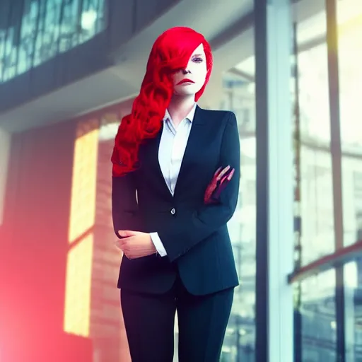 Image similar to photo of a woman with red hair wearing a formal slightly open formal business suit, trending on instagram, full body, ultra - hd, hcl, 1 2 - bit, ar, volumetric lighting, opaque, optics, lumen reflections, vfx, insanely detailed and intricate, super detailed