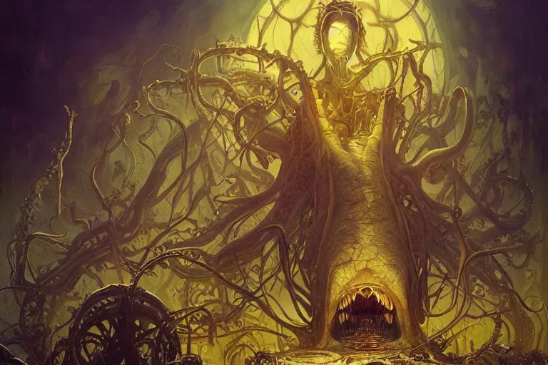 Prompt: a lovecraftian painting of the madness of the yellow king, cosmic horror elements, ultra realistic, concept art, intricate details, eerie, highly detailed, photorealistic, octane render, 8 k, unreal engine. art by artgerm and greg rutkowski and alphonse mucha