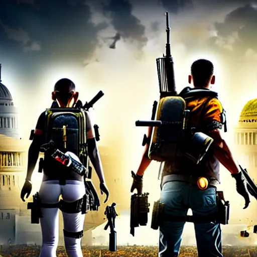 Image similar to the division 2 poster set in an apocalyptic los angeles, agent standing with a gun in the foreground, cinematic, 4 k