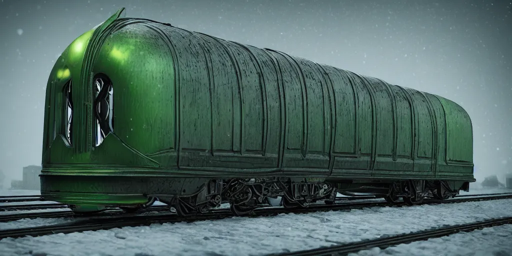 Prompt: hybrid of steel streamline retro train and gothic cathedral church, green locomotive lantern, streamline style, art Deco style, high details,Gothic style, octane render, 8k, artstation, diselpunk, snow