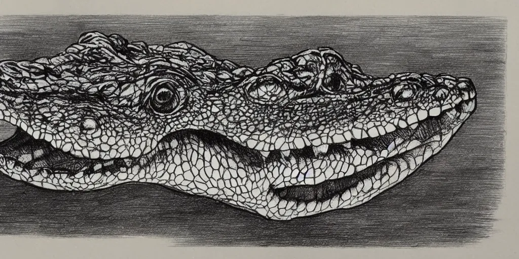 Prompt: vintage drawing of a crocodile, high quality, engraving print,