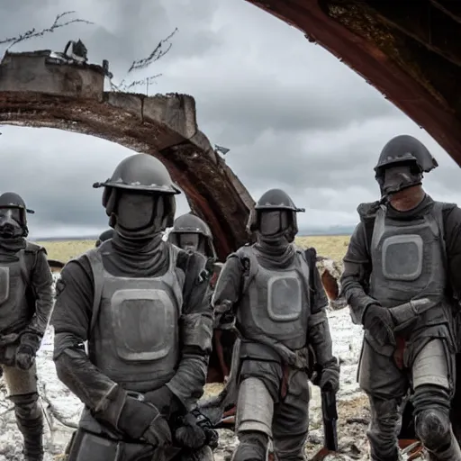 Image similar to British mercenaries wearing grey body armor and MICH combat helmets in the aftermath of a bloody battle, photo by Adam Ferguson, Pulitzer Winning, cinematic composition, breathtaking, modern, 8k, taken in 2022