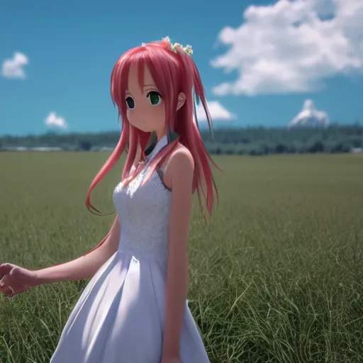 Prompt: yuuki asuna in her wedding dress on a vast field, extremely long hair, unreal engine