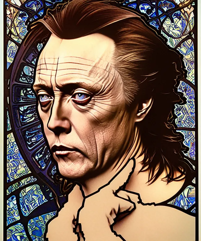 Prompt: realistic detailed head and shoulders portrait of christopher walken by alphonse mucha, ayami kojima, amano, greg hildebrandt, and mark brooks, male, art nouveau, neo - gothic, gothic