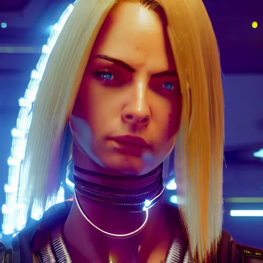 Image similar to female V from Cyberpunk 2077 wearing spiked choker, collar, choker, punk, collar, 4K, realistic, futuristic, neon,