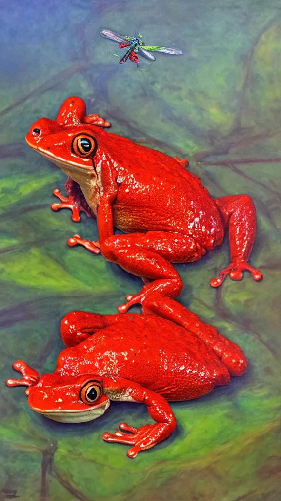 Image similar to giant red frog with giant dragonfly wings, photorealism, oil paint, renaissance, 8 k, high detail whide shot