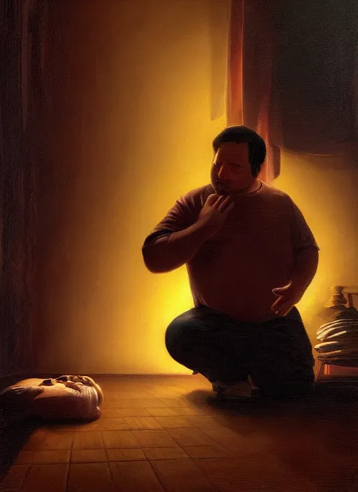 Image similar to insanely detailed chiaroscuro image of a sleepy - looking chubby programmer guy on his knees facing his glowing ultrawide monitor begging it for forgiveness, oil on canvas, masterwork, fine detail, trending on artstation, emotive, insanely compelling, ryden, koons, moebius