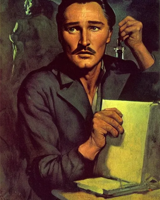 Prompt: Errol Flynn as a scientist. 1980s dystopian Soviet Russia, propaganda screens. Fantasy art by Greg Rutkowski, Gustave Courbet, Rosa Bonheur, Edward Hopper, Ilya Yefimovich Repin, Jean-François Millet, Andrew Newell Wyeth. Faithfully depicted facial expression, perfect anatomy, sharp focus, global illumination, radiant light, detailed and intricate environment, trending on ArtStation