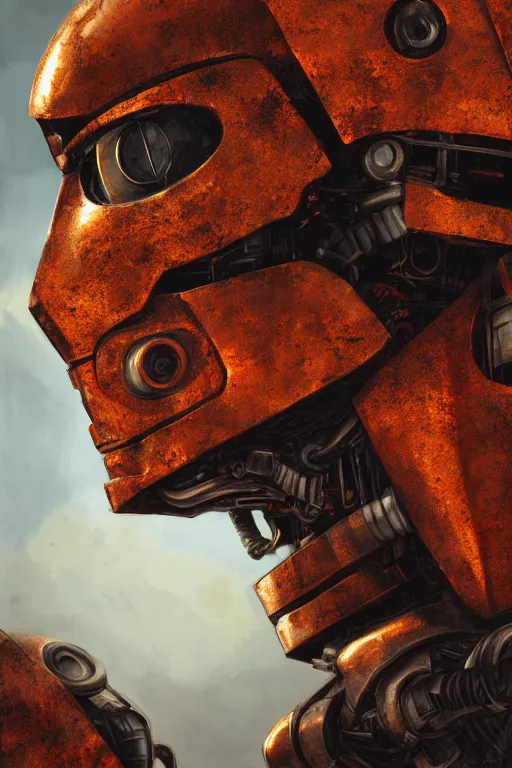 Image similar to a close-up portrait of a rusty and damaged robot, dramatic backlighting, golden hour, autochrome, high contrast, highly detailed, sharp focus, digital painting, concept art, illustration, rock, chiaroscuro, trending on artstation, art by Steven Stahlberg