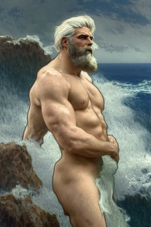 Prompt: painted portrait of rugged zeus in the ocean, god of thunder, greek god, white hair, masculine, powerful, handsome, upper body, white robe, muscular, hairy torso, fantasy, intricate, elegant, highly detailed, digital painting, artstation, concept art, smooth, sharp focus, illustration, art by gaston bussiere and alphonse mucha