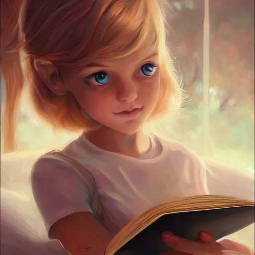 Prompt: young girl reading a book, highly detailed, digital painting, artstation, concept art, art by artgerm and Anna Dittmann and Greg Hildebrandt
