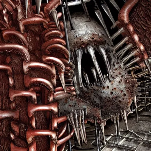Prompt: a close up of an elongated machine made of teeth dental drills and raw meat rust, in a factory, concept art by giger, cgsociety, assemblage, trypophobia, greeble, grotesque, biomechanical open mouth drilling giant teeth, industrial saliva