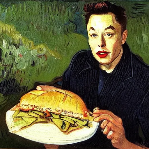 Prompt: a beautiful oil painting of elon musk eating a panini, 8k , award winning , made in 1800's , old , painted by vincent van gogh