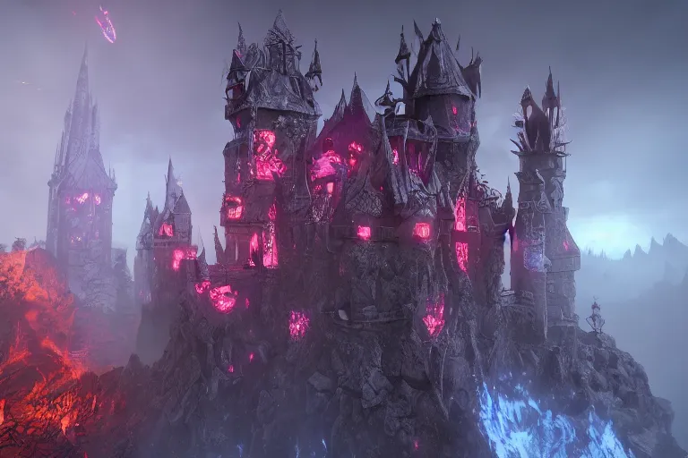 Image similar to big evil castle - city rock dark shadow elves, might and magic heroes 7, dark fantasy, shadows, artstation trending, unreal engine 5, red