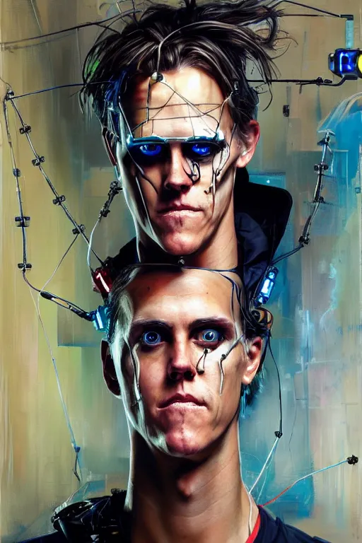 Image similar to zack greinke as a cyberpunk hacker, wires cybernetic implants, by adrian ghenie, esao andrews, jenny saville, james jean, dark art