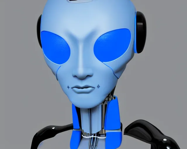 Prompt: A blue skin cyborg robot college student with a black antennae for a nose