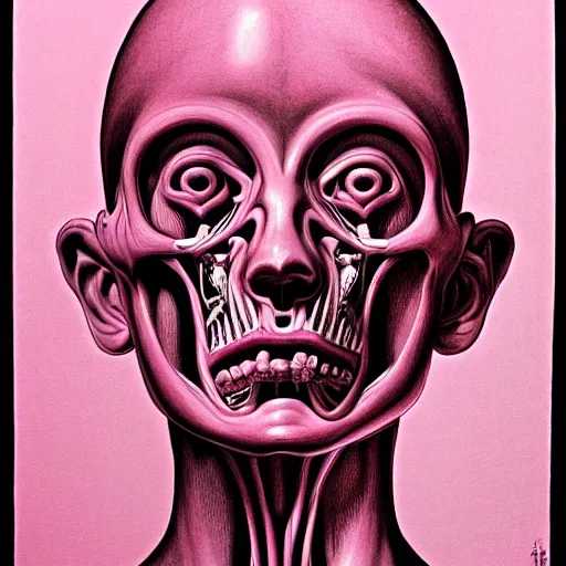 Prompt: pink surreal head anatomical atlas dissection center cut, lithography on paper conceptual figurative ( post - morden ) monumental dynamic soft shadow portrait drawn by hogarth and escher, inspired by goya, illusion surreal art, highly conceptual figurative art, intricate detailed illustration, controversial poster art, polish poster art, geometrical drawings, no blur