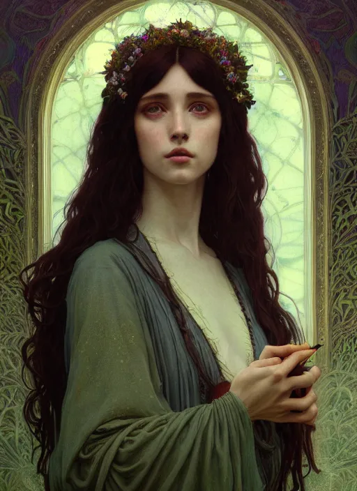 Image similar to highly detailed vfx portrait of the gentle muse - priestess of the pre - raphaelites, unreal engine, greg rutkowski, loish, rads, beeple, makoto shinkai and lois van baerle, ilya kuvshinov, rossdraws, tom bagshaw, alphonse mucha, global lighting, detailed and complex environment