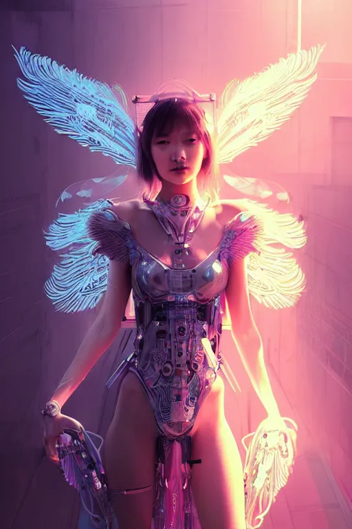 Prompt: portrait futuristic angel Girl with halos and wings and feathers and armor, in future cyberpunk tokyo rooftop , ssci-fi, fantasy, intricate, very very beautiful, elegant, human anatomy, human structure, neon light, highly detailed, digital painting, artstation, concept art, smooth, sharp focus, illustration, art by tian zi and WLOP and alphonse mucha