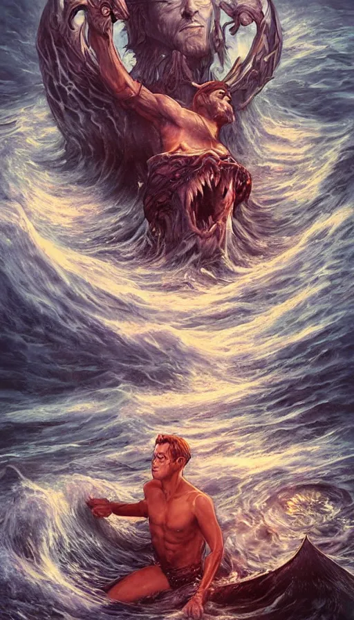 Image similar to man on boat crossing a body of water in hell with creatures in the water, sea of souls, by artgerm