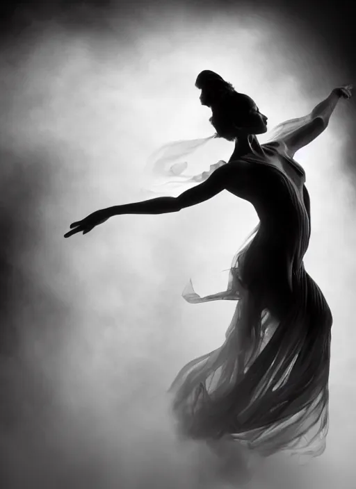 Image similar to a Photorealistic dramatic hyperrealistic render of a beautiful Female smoke dancer by Ken Brower and Deborah Ory of NYC Dance project,Lois Greenfield,Flowing cloth and smoke,Beautiful dynamic dramatic dark moody lighting,volumetric,shadows,cinematic atmosphere,Octane render,8K