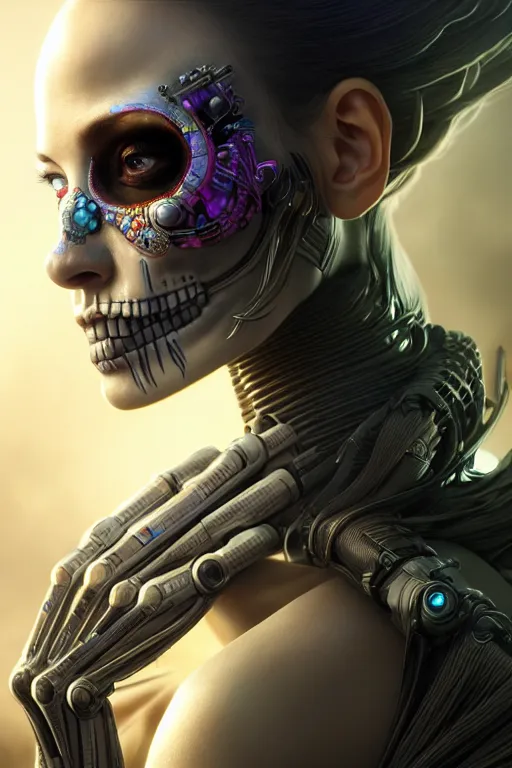 Prompt: ultra detailed side portrait of female android, sharp focus, sci - fi, fantasy art, digital illustration, dia de los muertos. octane render, unreal engine, global illumination, intricate detailed. concept art. art by artgerm and wlop and giger and greg rutkowski and rossdraws and alphonse mucha, 8 k