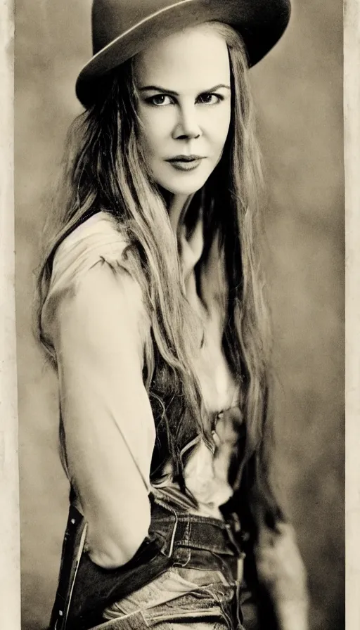 Image similar to Young Nicole Kidman, cowgirl, outlaw, portrait, full body, beautiful face, cute, no long neck, no long anatomy, symmetrical features, silver iodide, 1880 photograph, sepia tone, aged paper, Sergio Leone, Master Prime lenses, cinematic