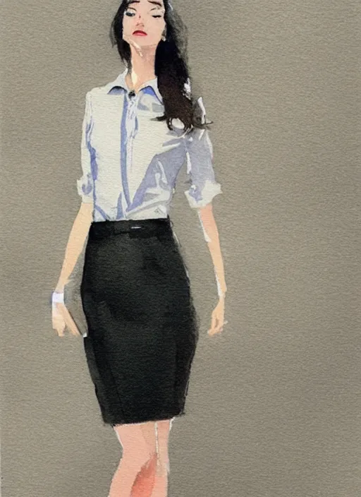 Prompt: concept art of a modern office life, young attractive business woman, pencil miniskirt, pinterest, artstation trending, behance, watercolor, by coby whitmore, silver, laser light,