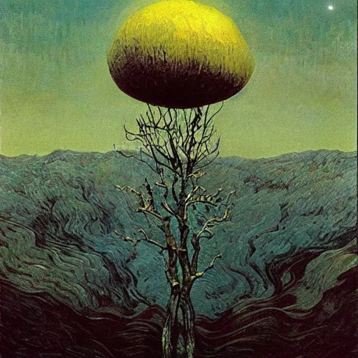 Image similar to illustrated by zdzisław beksinski and van gogh