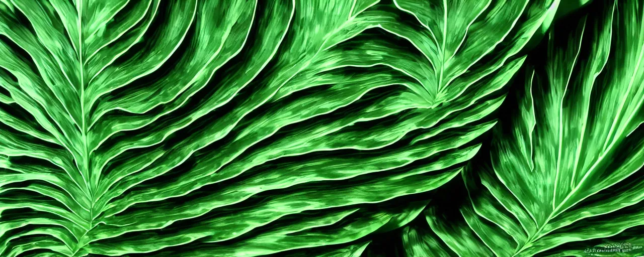 Image similar to 3d mandelbulb fractal of a monstera deliciosa, monstera deliciosa, monstera deliciosa, 3d mandelbulb fractal, visual depth, high quality, shadowing, fractal render, Green, white, black, 4k, 8k