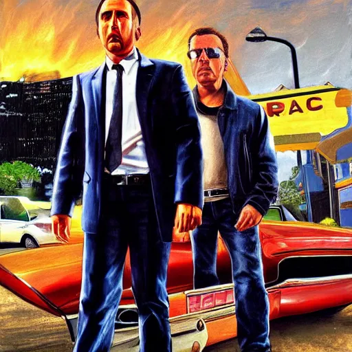 Prompt: nicolas cage next to matt damon, grand theft auto title artwork painting