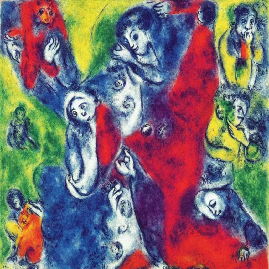 Prompt: hiding from yourself by Marc Chagall, bright tones