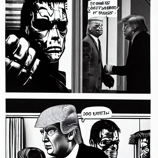 Prompt: The Terminator meets Donald Trump, oval office, photography, 50's,