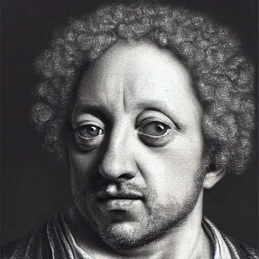 Image similar to A 17th century Baroque Painting of Gene Ween, grainy, realistic, hyperrealistic, very realistic, very very realistic, highly detailed, very detailed, extremely detailed, detailed, digital art, trending on artstation, detailed face, very detailed face, very detailed face, realism, HD Quality, 8k resolution, intricate details, body and head in frame, painting, oil painting, trending on deviantart, Baroque Painting