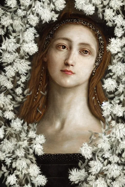 Prompt: hyperrealism close - up mythological portrait of a medieval woman's shattered face partially made of white flowers in style of classicism, bronze skin, wearing black dress, dull palette