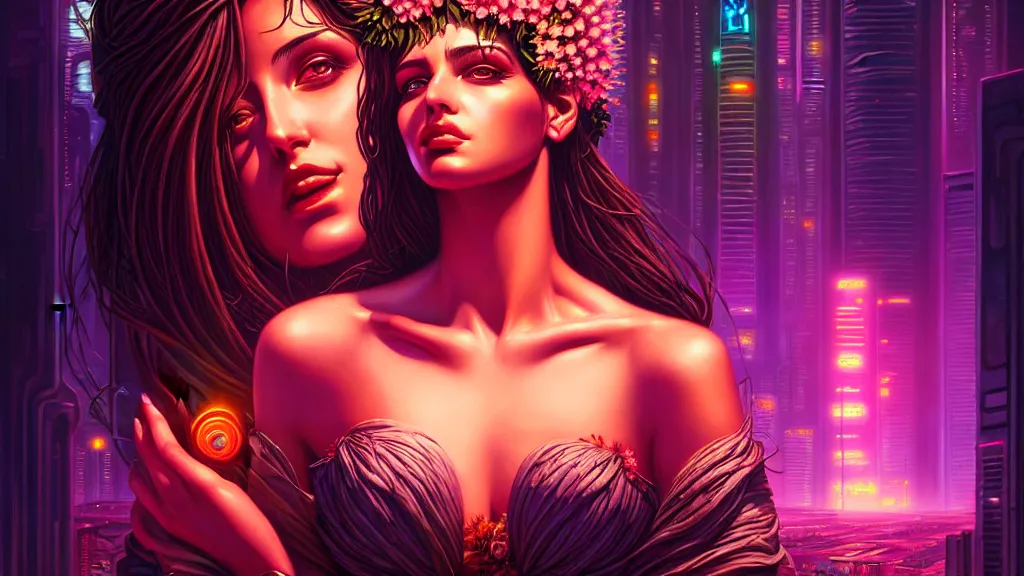 Prompt: a beautiful closeup portrait painting of a flower goddess in a sensual pose, in the style dan mumford artwork, in the background a futuristic cyberpunk city with lit windows is seen.