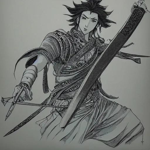 Image similar to a handsome golden Vagabond magic swordsman glides through a beautiful battlefield magic the gathering dramatic esoteric pen and ink illustrated in high detail by Kishimoto