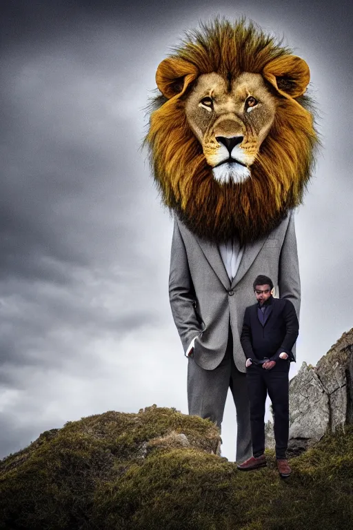 Image similar to Man with a head of a lion in jacket, XF IQ4, 150MP, 50mm, f/1.4, ISO 200, 1/160s, natural light, Adobe Photoshop, Adobe Lightroom, DxO Photolab, polarizing filter, Sense of Depth, AI enhanced, HDR